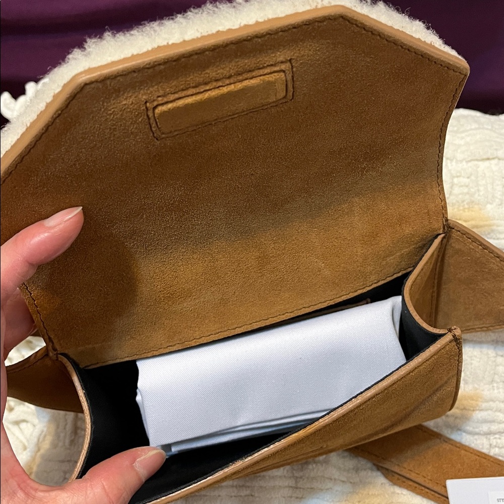 NWT IRO PARIS Horu Calfskin Suede Shearling Belt Bag in Camel/Cream - Picture 3 of 5